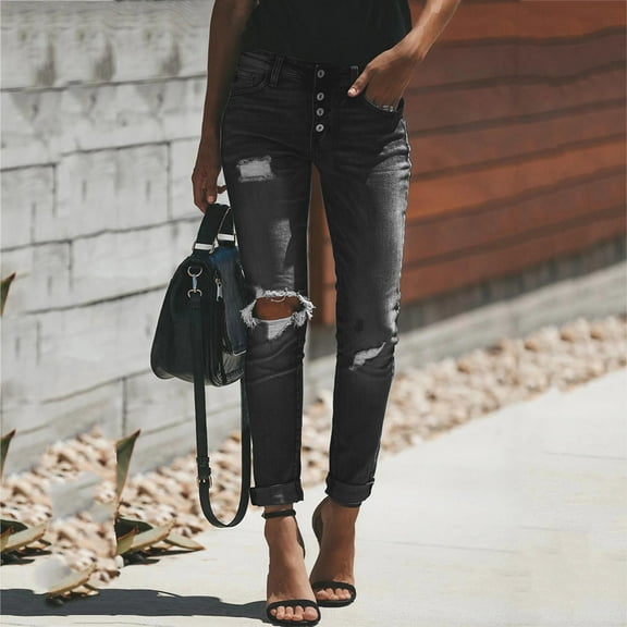 Lilgiuy Fashion Women Pockets Button Mid Waist Skinny Ripped Jeans Trousers Hole Pants for Office Work Business