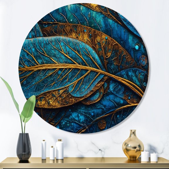 Designart "Melodies of Boho Blue And Gold I" Boho Feather Round Metal Art
