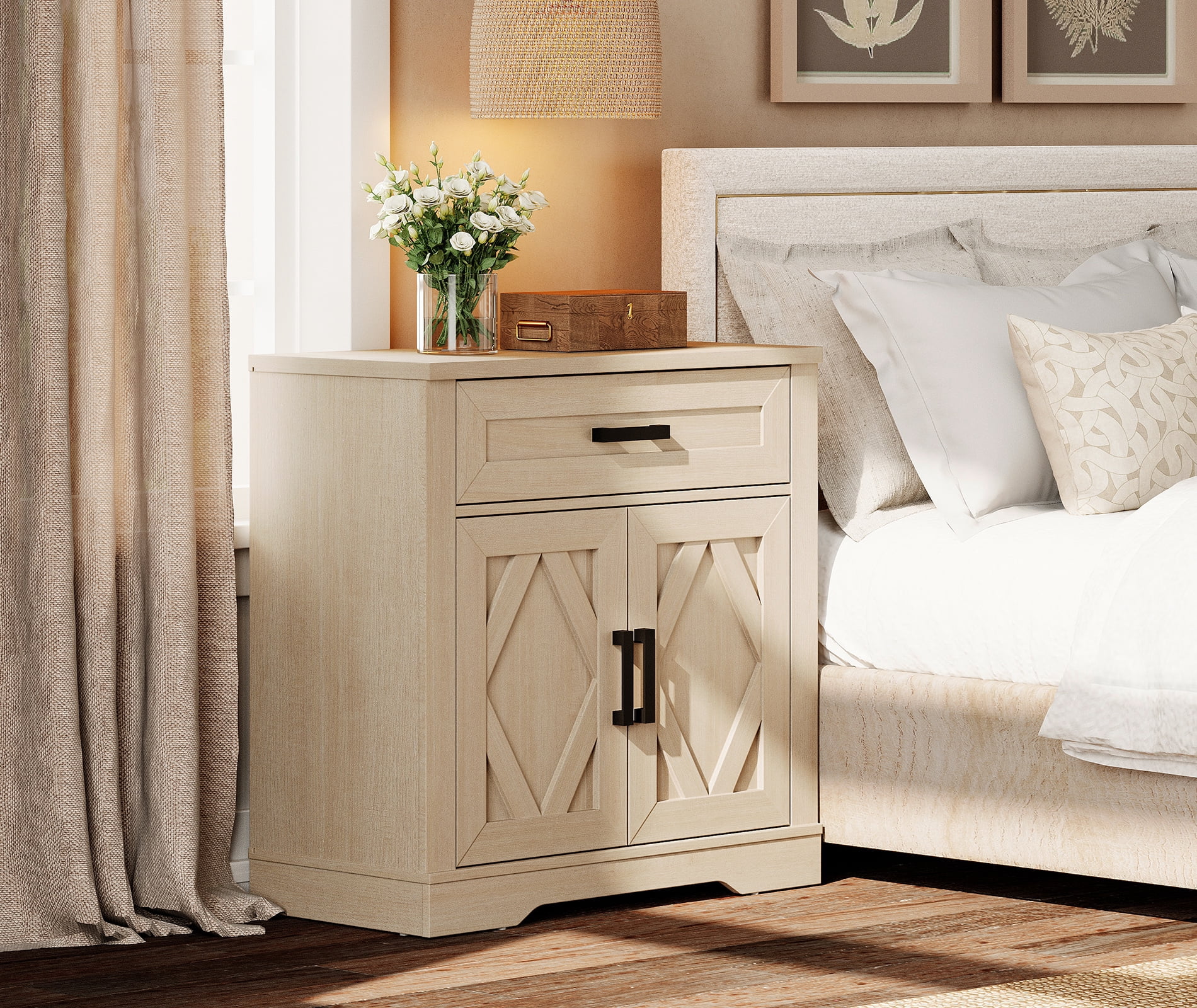 WAMPAT 31.5"W Farmhouse Buffet Sideboard with Barn Doors, Drawer & Storage, Beige