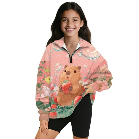 Xoenoiee Guinea Pig Strawberry Flower Print Girls Fall Sweatshirt Casual Half Zip Pullover Loose Long Sleeve Tops Lightweight Tunic Tops Activewear，Size 5-6 Years