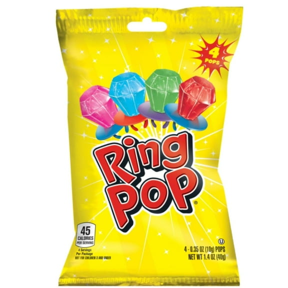 Ring Pop 4Ct. Pops 1.4 oz. Bag, Party Lollipop Suckers with Assorted Flavors Playful Fun Candy for Easter Spring Birthdays Celebrations Party Favors