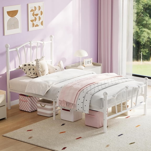 Twin Metal Platform Bed Frame Heart-Shaped Headboard No Box Spring Needed and Noise-Free for Girls Room