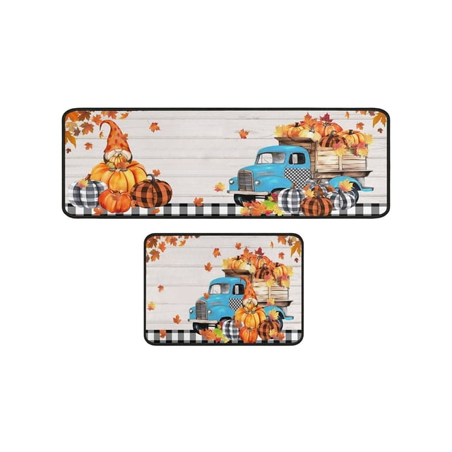 Fall Pumpkin Maple Leaf Floor Mat Set, Halloween Thanksgiving Non-Slip Rug for Kitchen Bathroom Porch Entrance Decor