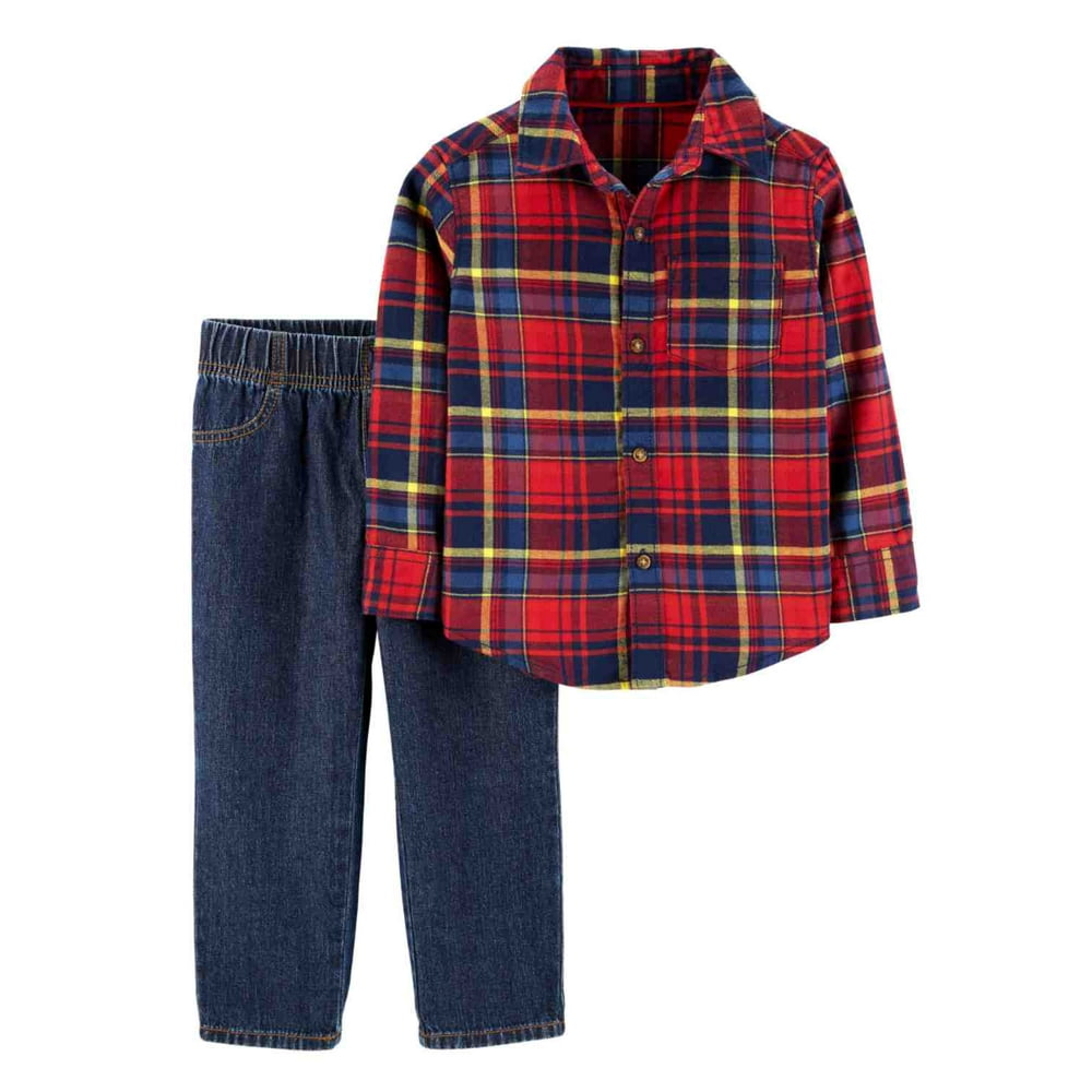 Carter's - Carters Toddler Boys Red & Yellow Plaid Flannel Button Up
