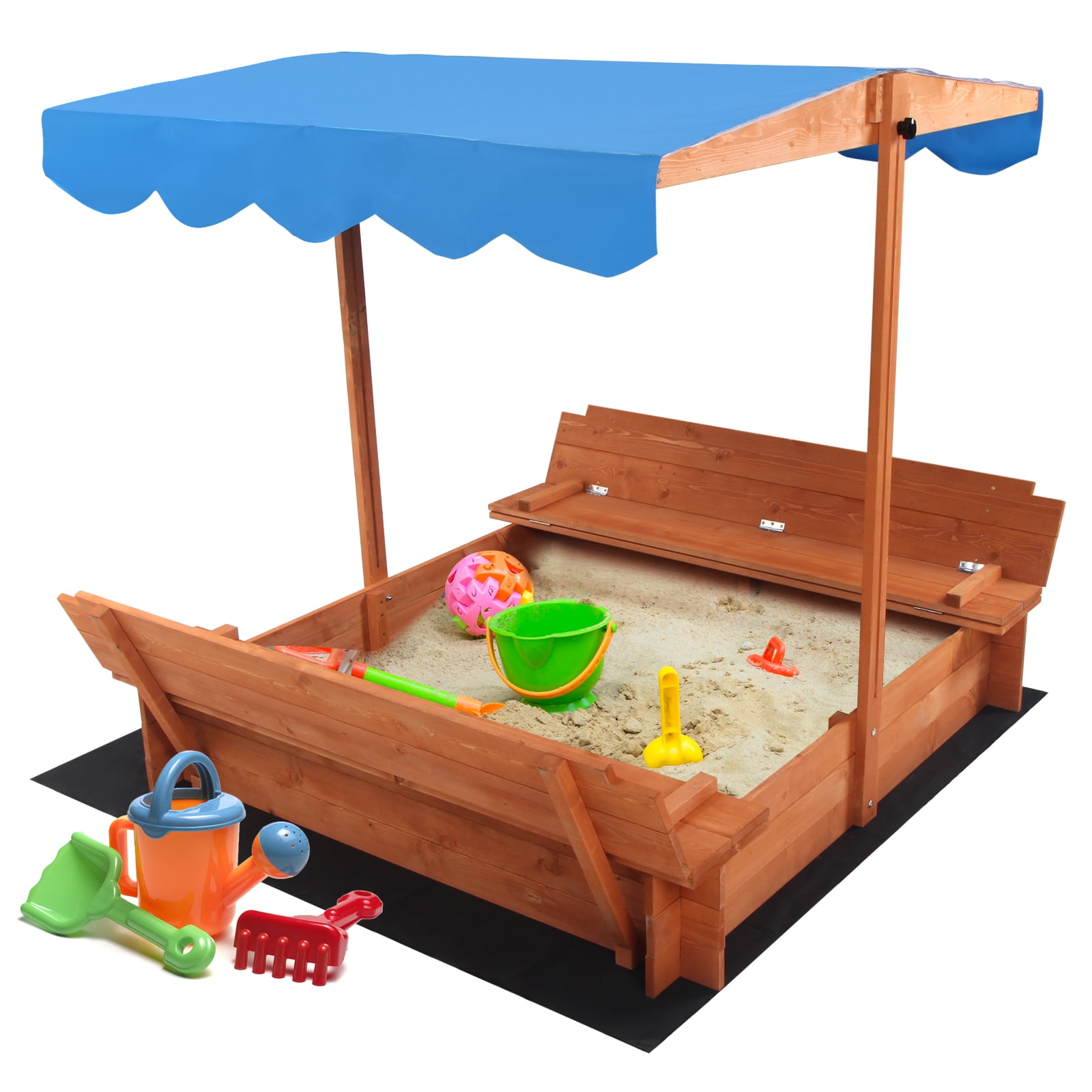 Wood Sandbox With Covered Bench Seats Kids Play Sand for Sand Box Toys Outdoor 