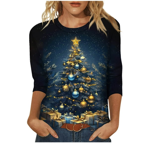 Womens Christmas Shirts Plus Size 3/4 Length Sleeve TShirts Cute Christmas Tree Graphic Printed Blouses Crewneck Tunic Tops Loose Pullover Top