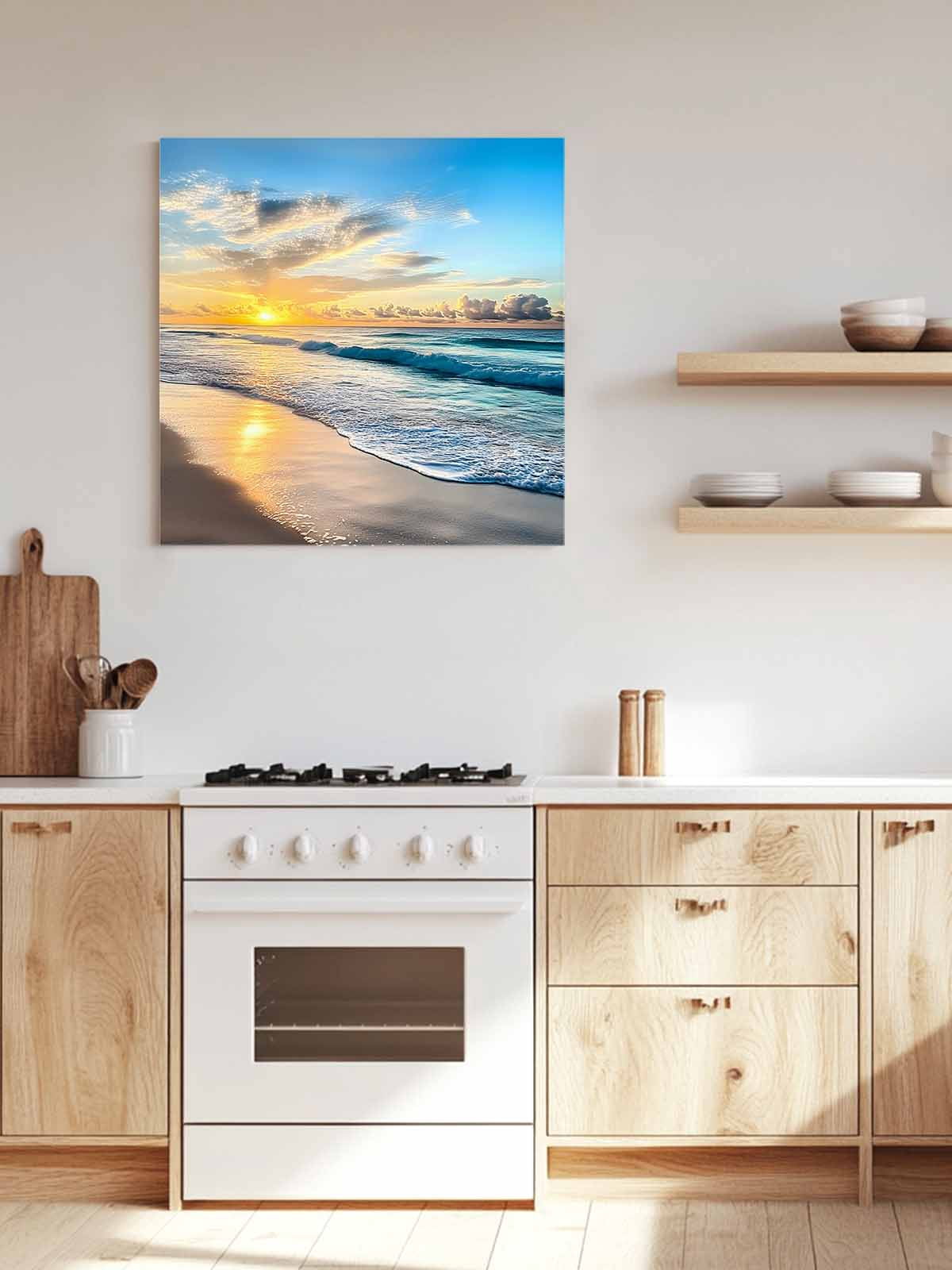Ocean Sunrise Sunset Canvas Wall Art, Beach Waves Sea Scenery Framed Wall Decor Modern Artwork Prints Painting for Living Room, Bedroom, Kitchen & Cafe Decor 12x12 Inch