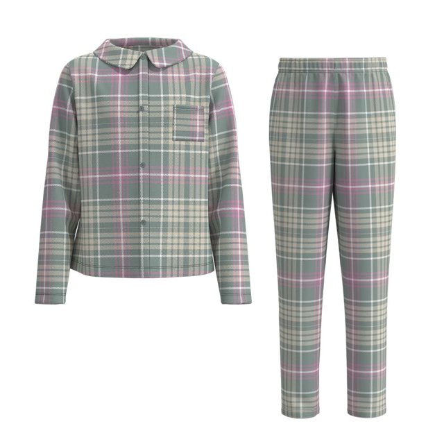 pijama secret treasures talla 6 saco con botones de cuadros verde conjunto para niña: saco de manga larga con cuello tipo peter pan y botones frontales, bolsillo en el pecho, estampado a cuadros verde con líneas rosa y crema; pantalón recto con cintura elástica a juego, tela ligera y calientita.