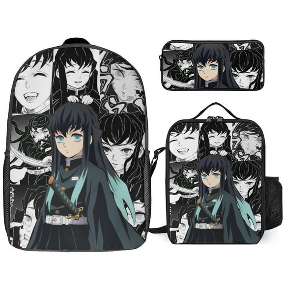 Muichiro Tokito 3 Piece Backpack Set with Lunch Bag Pencil Case, High Capacity Bookbag with Lunch Box Pen Box