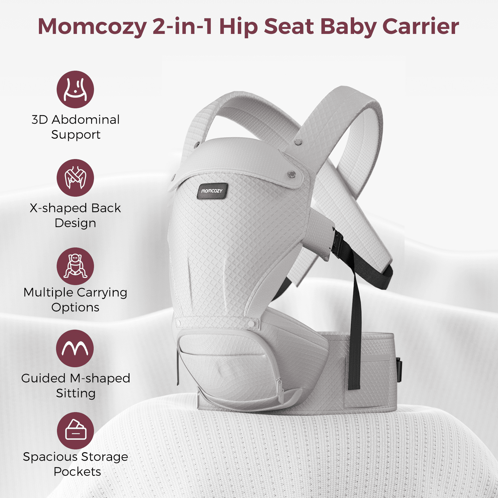Momcozy Baby Carrier with Hip Seat, 2-in-1 Detachable Infant Hip Seat Carrier for Toddlers up to 44lbs. Breathable for Hands-Free Carrying. Fits Waist Sizes up to 47 Inches for Mom & Dad