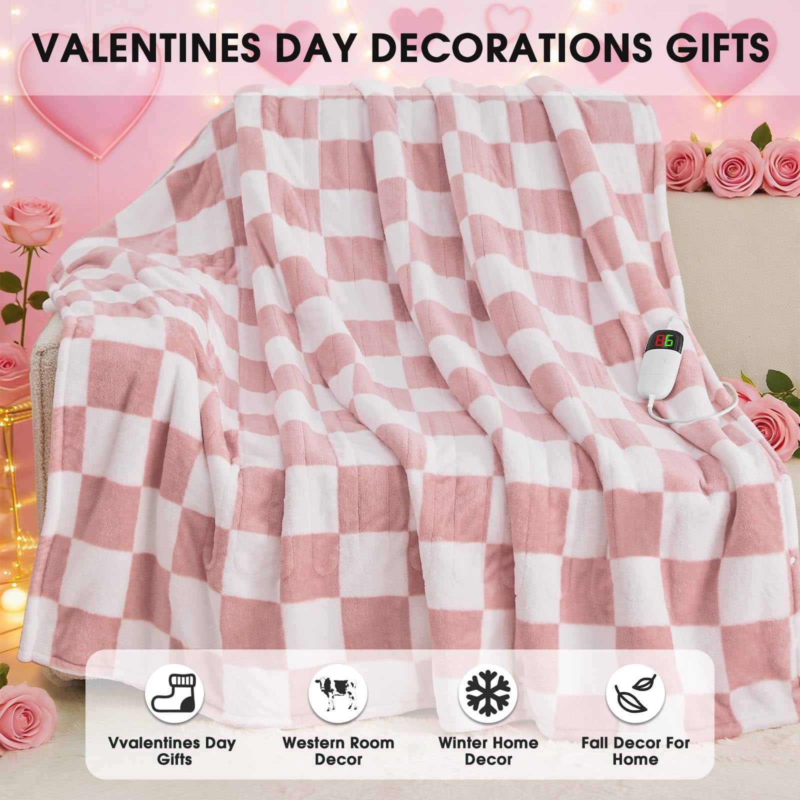 Light Pink Heated Blanket Electric Throw  50x60 Heating With 10 Heat Levels & 8 Hours Auto Off For Lap Checkered Plaid Soft Sherpa Blankets Mothers Day Gifts Mom Grandma Women Couch