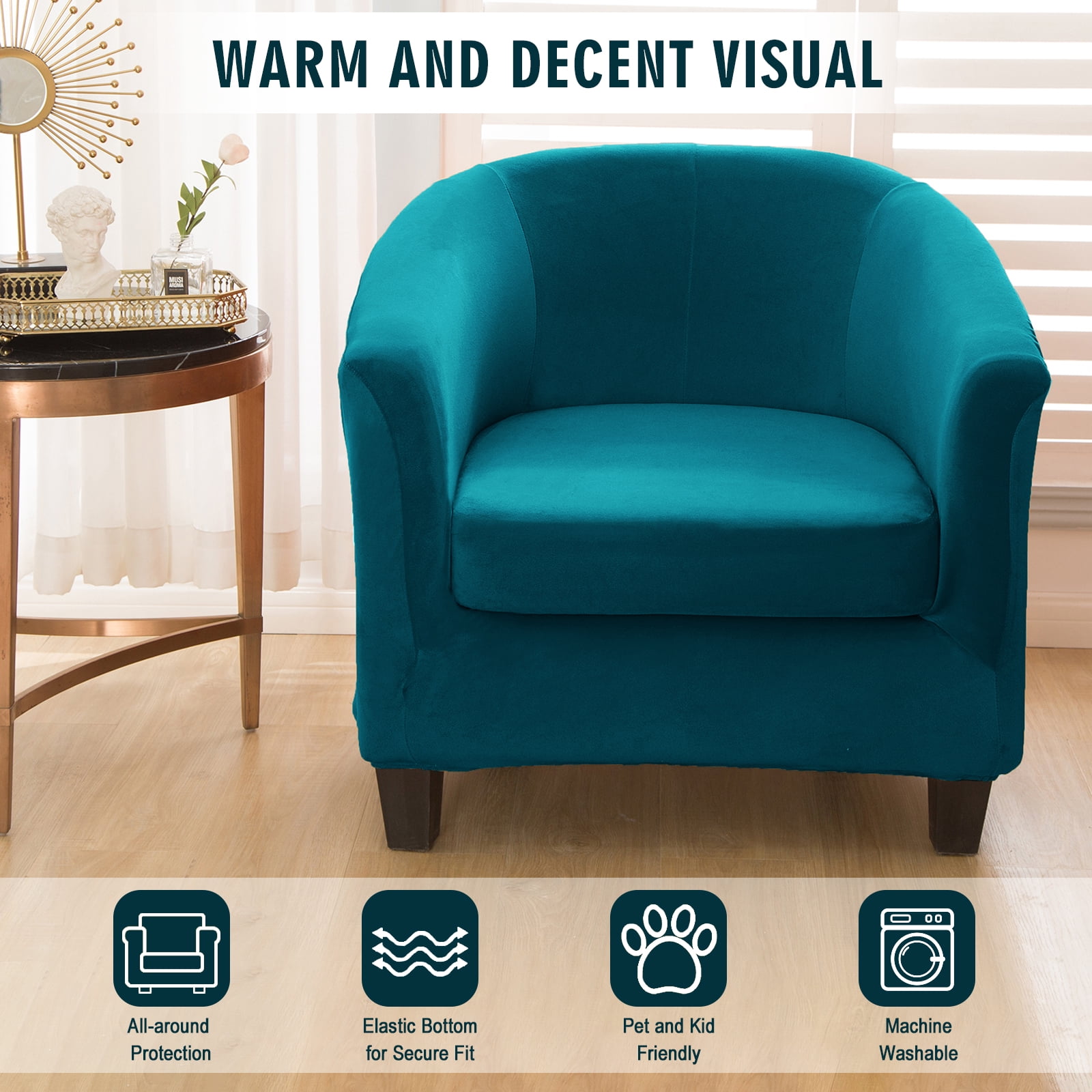 SHANNA Velvet Tub Chair Covers, 2 Pieces Stretch Modern Armchair Slipcovers Non Slip Sofa Couch Slipcover for Club Bar Counter Living Room Reception,With Separate Cushion Cover, Bright Green, 2 Pack