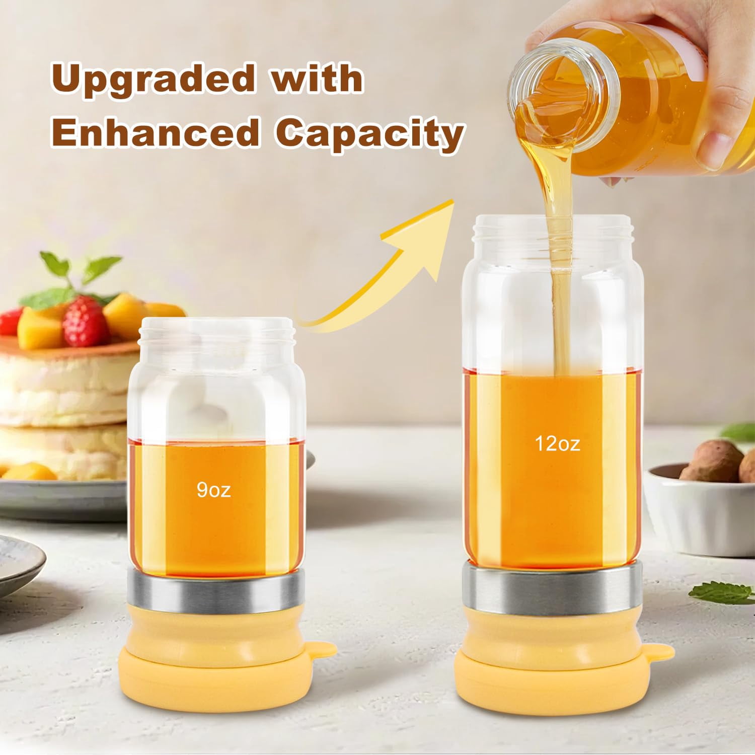 Glass Honey Dispenser with Handle, Syrup Dispenser Jar for Honey Maple Syrup and Coffee, Easy Pour Kitchen Container for Pancakes and Waffles.(12 oz)