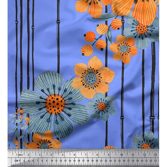 Soimoi Blue Cotton Duck Fabric Leaves,Stripe & Floral Print Fabric by The Yard 42 Inch Wide