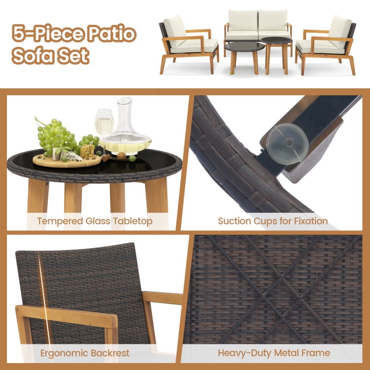 Aimee Lii 5 Pieces Rattan Furniture Set Wicker Woven Sofa Set with 2 Glass Coffee Tables, Outdoor Patio Set, Off White Aimee Lii 5 Pieces Rattan Furniture Set Wicker Woven Sofa Set with 2 Glass Coffee Tables, Outdoor Patio Set, Off White
