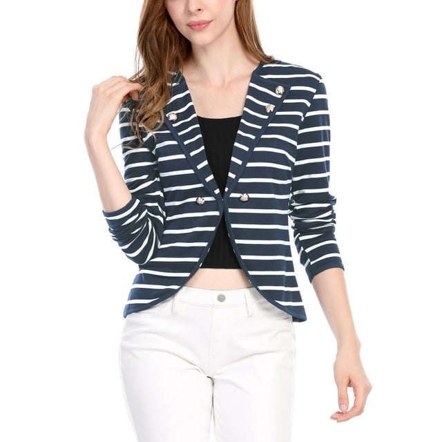 INSPIRE CHIC Blazer Mince à Rayures pour Femme à Revers Cranté Décoré de Boutons TG Bleu