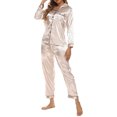 thumbnail image 6 of FEORJGP Women 2 Piece Satin Pajama Set Ladies Soft Loungewear Long Sleeve Shirt Lapel Button Tops and Elastic Pants Loose Casual Sleepwear for Nightwear, 6 of 6