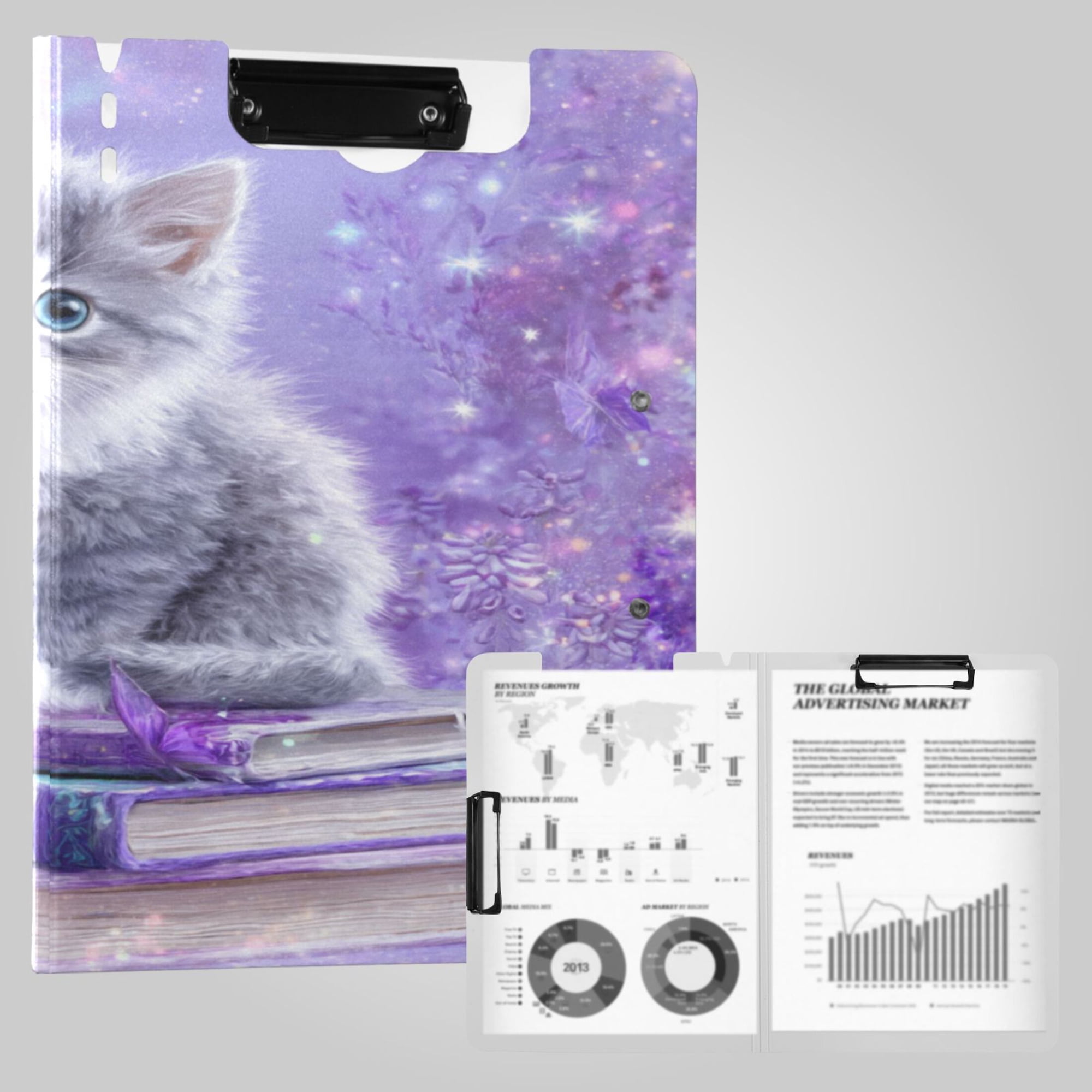 Foldable Binder Clipboards 360°Portable Plastic Folder Clipboard Extra Large Capacity Organizer Binder 18.9" x 12.6" for College Office Home Adorable Baby Cat Pattern