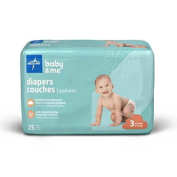 Medline Disposable Baby Diapers, Size 3 (16-28 LBS), Case of 200
