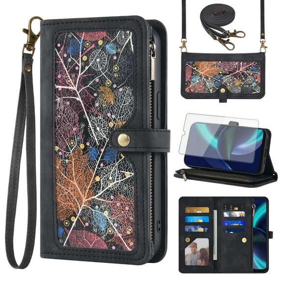 Asuwish Phone Case for Tracfone BLU View Speed 5G Wallet Cover With Tempered Glass Screen Protector Crossbody Wrist Strap Flip Pattern Zipper Credit Card Holder Cell BLUE ViewSpeed B1550VL Men Black