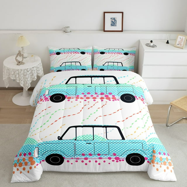 YST Boys Cartoon Car Bedding Set, Taxi Cars Vehicles Comforter Set Full Size For Kids Teens Room, Colorful Geometric Dots Down Comforter Watercolor Geometry Diamond Quilt, Blue White Pink