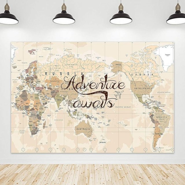 Let The Adventure Begin Fondo Mapa del mundo La aventura te espera Decoraciones Viaje en avión Globo aerostático Fotografía Fondo Graduación Cumpleaños Baby Shower Sesión de fotos