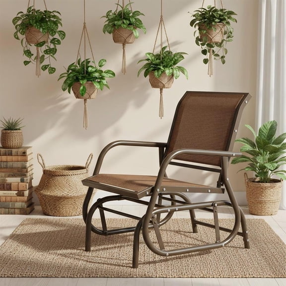 Topcobe Outdoor Single Chair with Coffee Table, Patio Glider Bench, Porch, Backyard, Sturdy, Brown