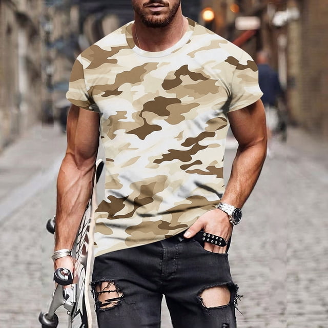 Styesk T-Shirts pour Hommes Imprimé Automne Col Rond T-shirt Mode Décontractée Manches Courtes