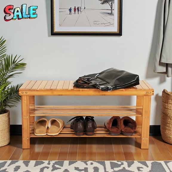 Tcbosik 35.4" Slatted Bamboo Shoe Rack Bench, 3-Tier Storage Organizer with Open Shelves, for Entryway, Bedroom, Bathroom, Natural