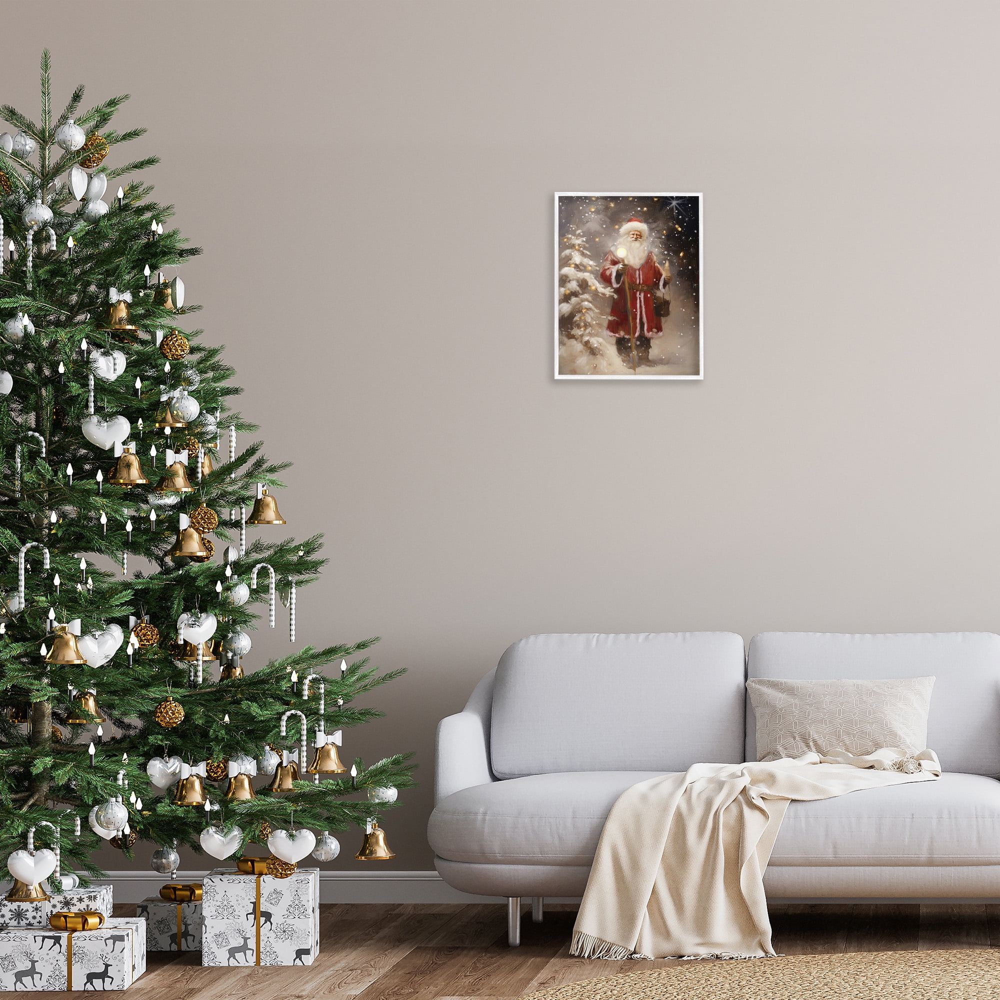 Stupell Industries Santa in Snowy Night Scene Holiday Painting White Framed Art Print Wall Art, 16 x 20