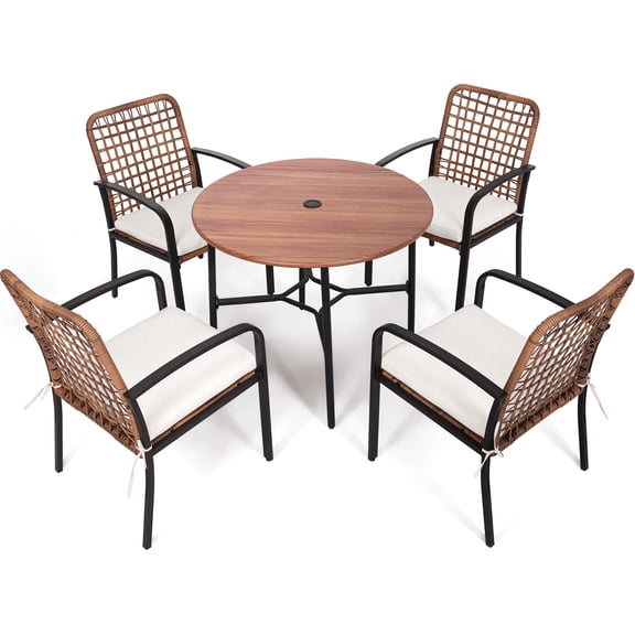 Mugovelo 5 Pieces Patio Dining Set, Boho Wicker Outdoor Dining Set with Umbrella Hole, Round Rattan Table and 4 Chairs with Cushions for Garden Backyard
