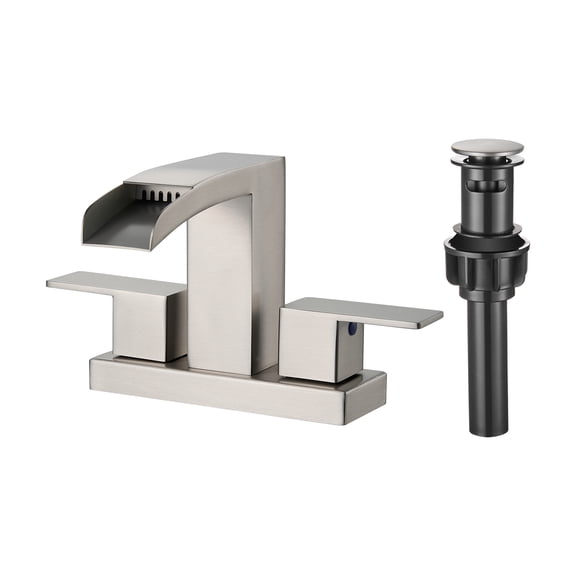 Cobbe Modern Two Hole Waterfall Centerset 4-Inch 2-handle Bathroom Faucet with Pop Up Drain Assembly Brushed Nickel