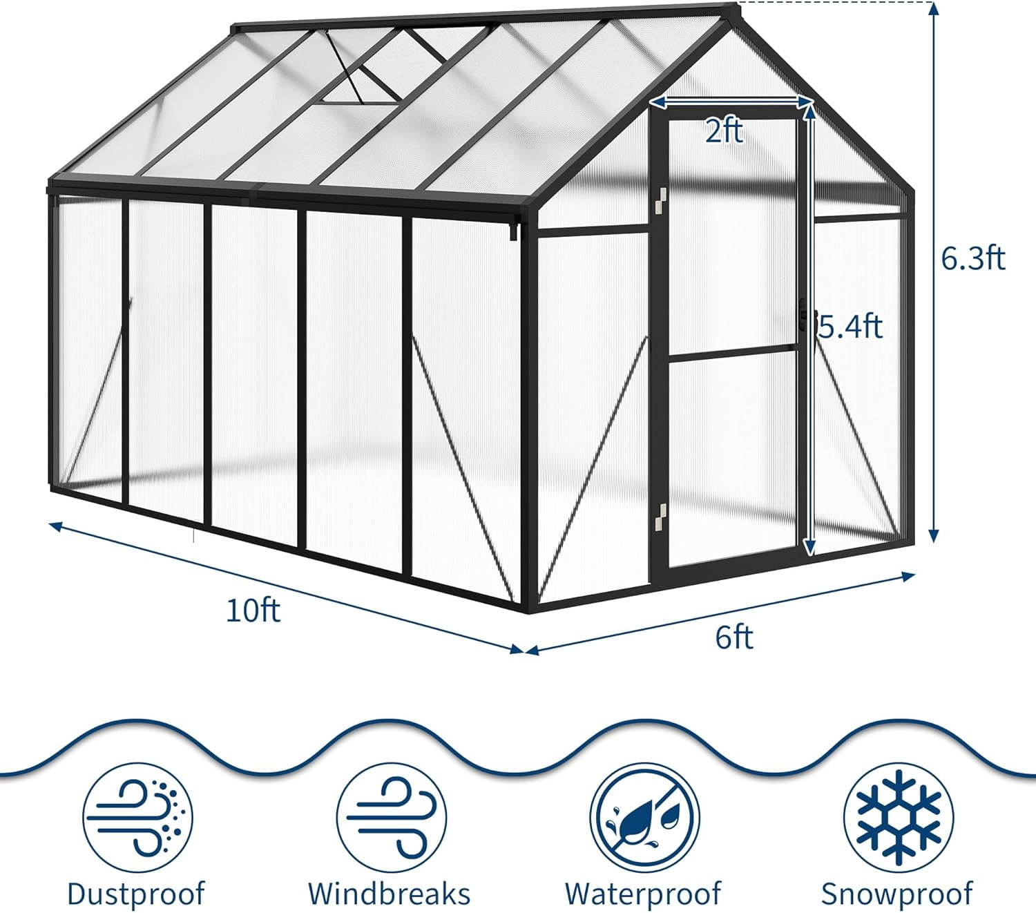 EastVita 6x10 FT Greenhouse for Outdoors Polycarbonate Greenhouse with Roof Vent Ground Nails Lockable Push Door Aluminum Large Walk-in Green House for Outside Garden Backyard Patio Lawn Black