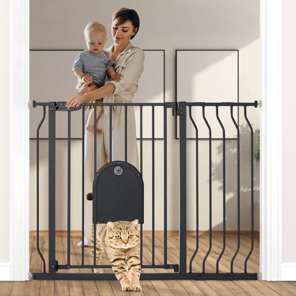 29.5-43.7" Baby Gate with Adjustable Cat Door,Extra Wide Metal Cat Gate for Stairs Doorways, Auto Close Dog Gate with Pet Door for House, Pressure Mounted Easy Walk Through (30" Tall, Black)