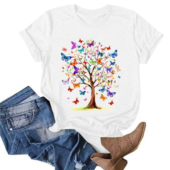 VgaVtl T-Shirt for Women Summer Short Sleeve Plus Size Tops for Women Holiday Relaxed Fit Butterfly Print Casual Tops,White XXL