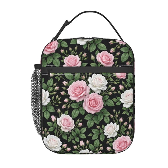 Rose Floral Insulated Lunch Bag For Women, Large Reusable Cooler Tote With Side Pocket And Front Zipper, Elegant Rose Flower Meal Prep Bag For Work, Picnic, And Travel