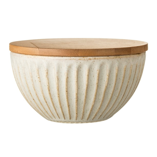 Bloomingville Large Cream Glazed Stoneware Bowl with Wood Lid
