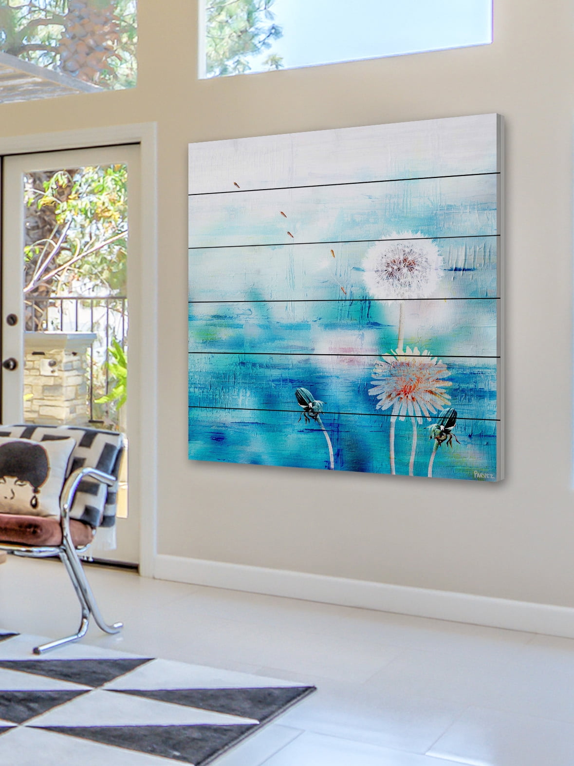 "Dandy Puffs on Blue" Painting Print on White Wood