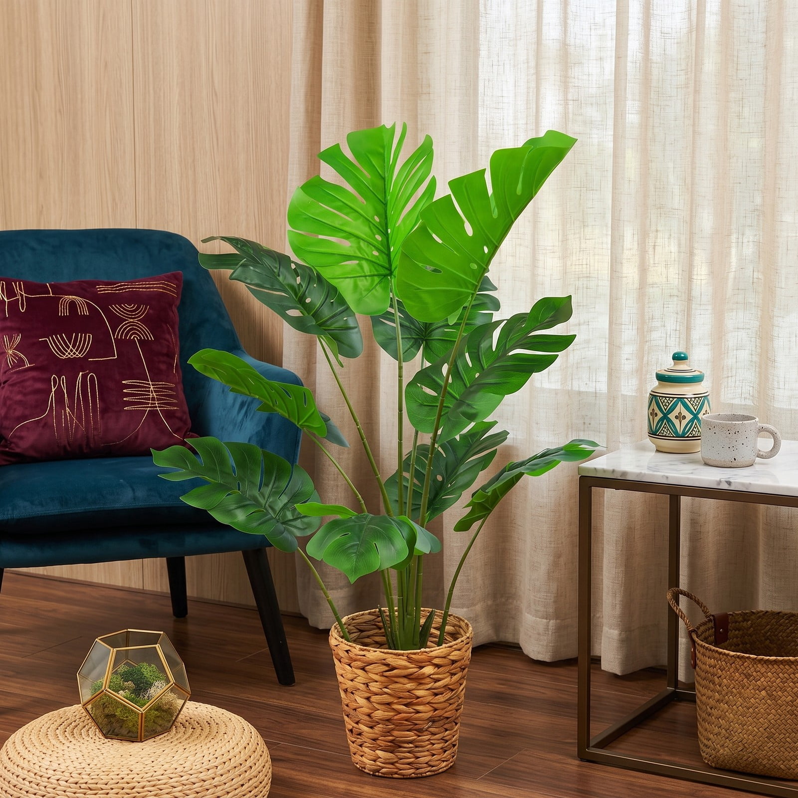 ALPULON 4 Feet Artificial Monstera Deliciosa Tree with 10 Different-Sized Leaves, Faux Tropical Plant with Cement-Filled Pot for Indoor Outdoor Home Office Decor, Green