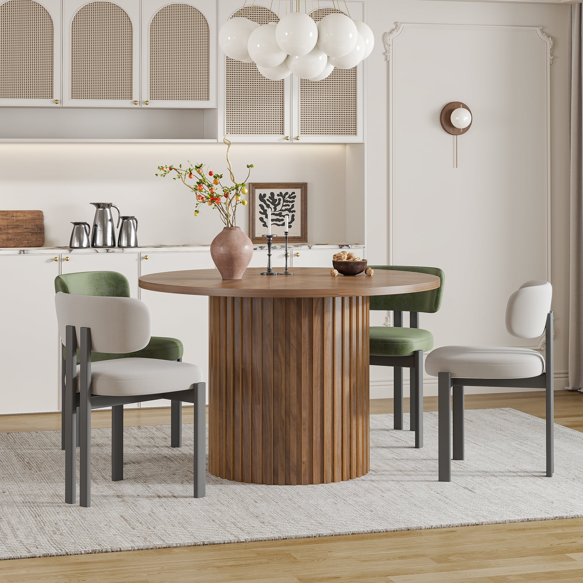 Modern Round Dining Table, 47 Inch Small Circle Kitchen Tables for 4-6, Wood Strip Base, Farmhouse Table for Kitchen, Dinning Room, Walnut