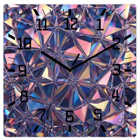 Wall Clock Purple Prism Light Operated Square Clocks Wooden Silent Non-Ticking Wallclock 10 Inch Shiny Crystalline Shards Wood Wall Clock for Living Room Bedroom Office Shool Home Decor