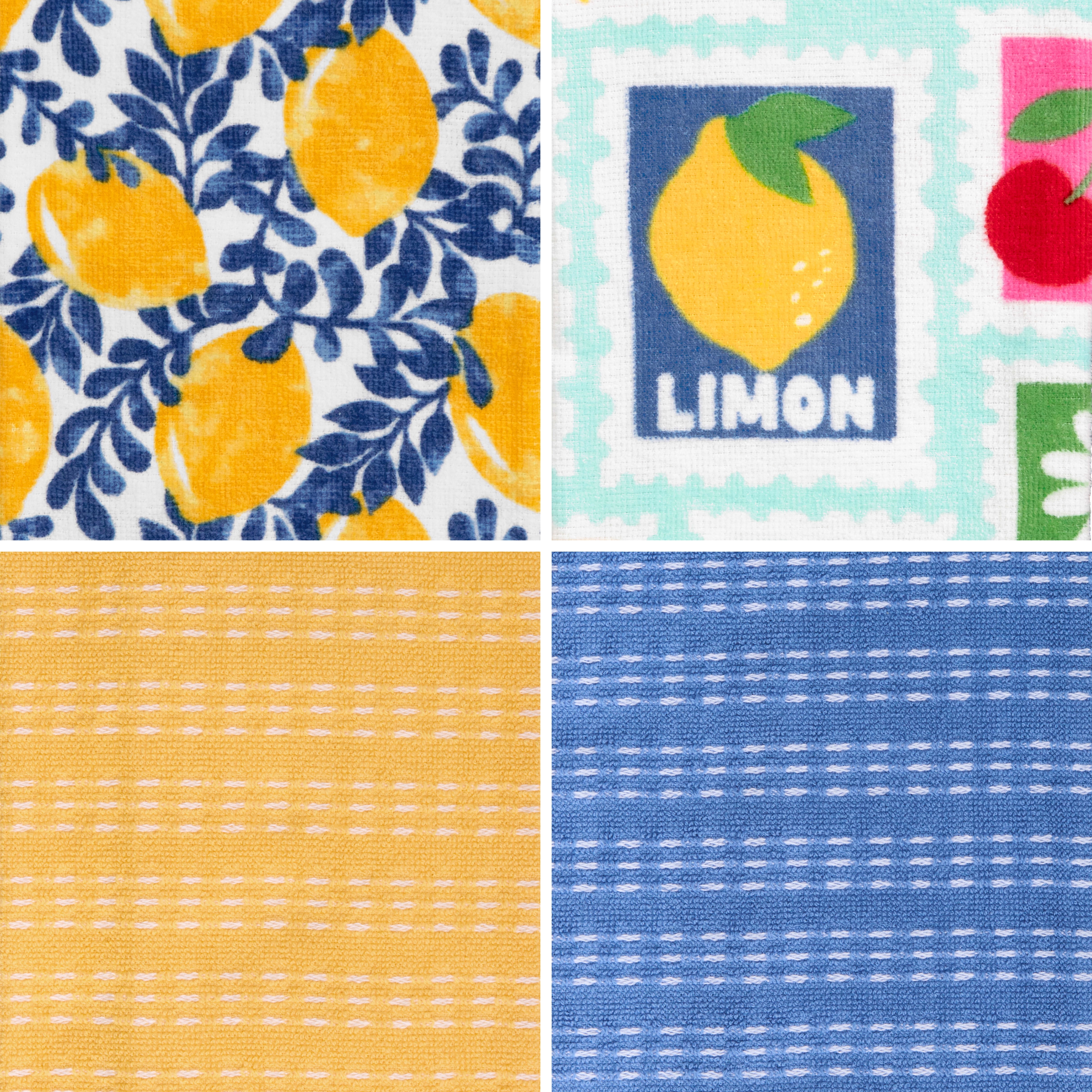 RITZ 100% Cotton Summer Kitchen Towels, Set of 4, Citron Stamps Dish Towels Set