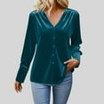 thumbnail image 2 of Lenpel Velvet Tops for Women Long Sleeve V Neck Pleated Button down Shirts Dressy Casual Velour Blouses Loose Work Shirts(Sky Blue,Medium), 2 of 6