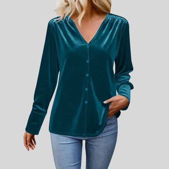 ClodeEU Women's Velvet V Neck Top ,Long Sleeves Button Up Loose Casual Trendy Blouse Sky Blue,Womens Plus XXL