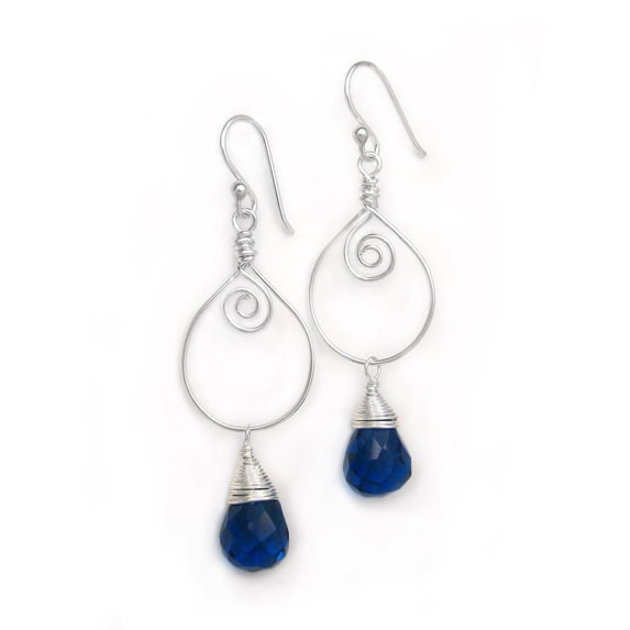 Sterling Silver Wire Work Teardrop Charm Stone Drop Earrings, Midnight Blue