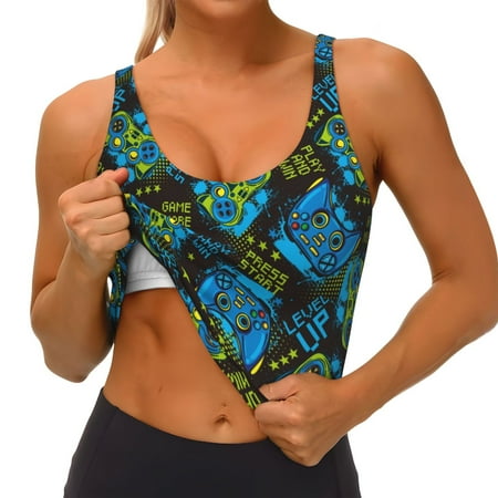 Qokaie Play Game Pattern Womens Scoop Neck Sports Bra Breathable Workout Vest Padded U Back Medium Impact Fitness Gym Yoga Bra Workout Crop Top