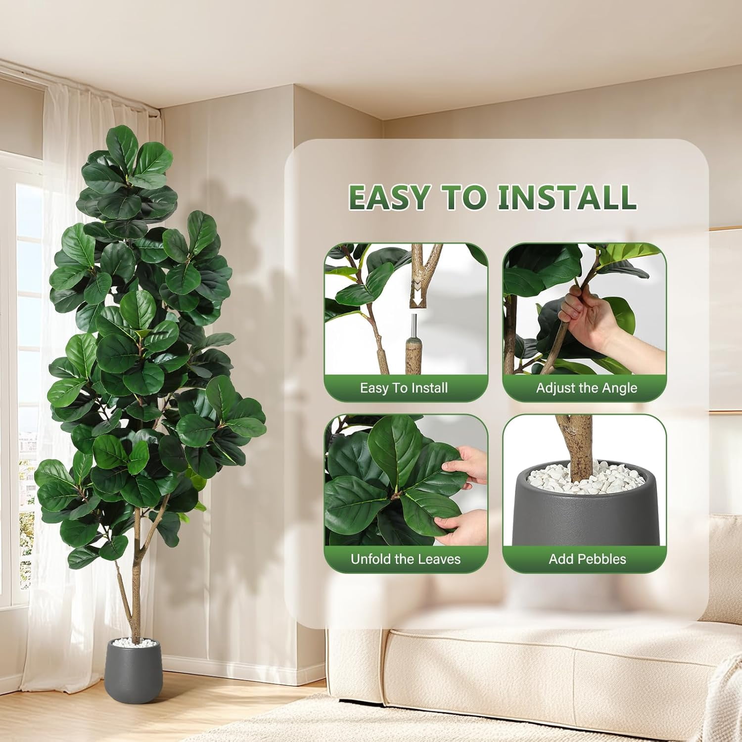 7FT Fiddle Leaf Fig Tree Artificial, Realistic Faux Ficus Lyrata Trees with 141 Leaves, Indoor Fake Floor Plants for Home Office Living Room Decor, with 9" Gray Planter Pot