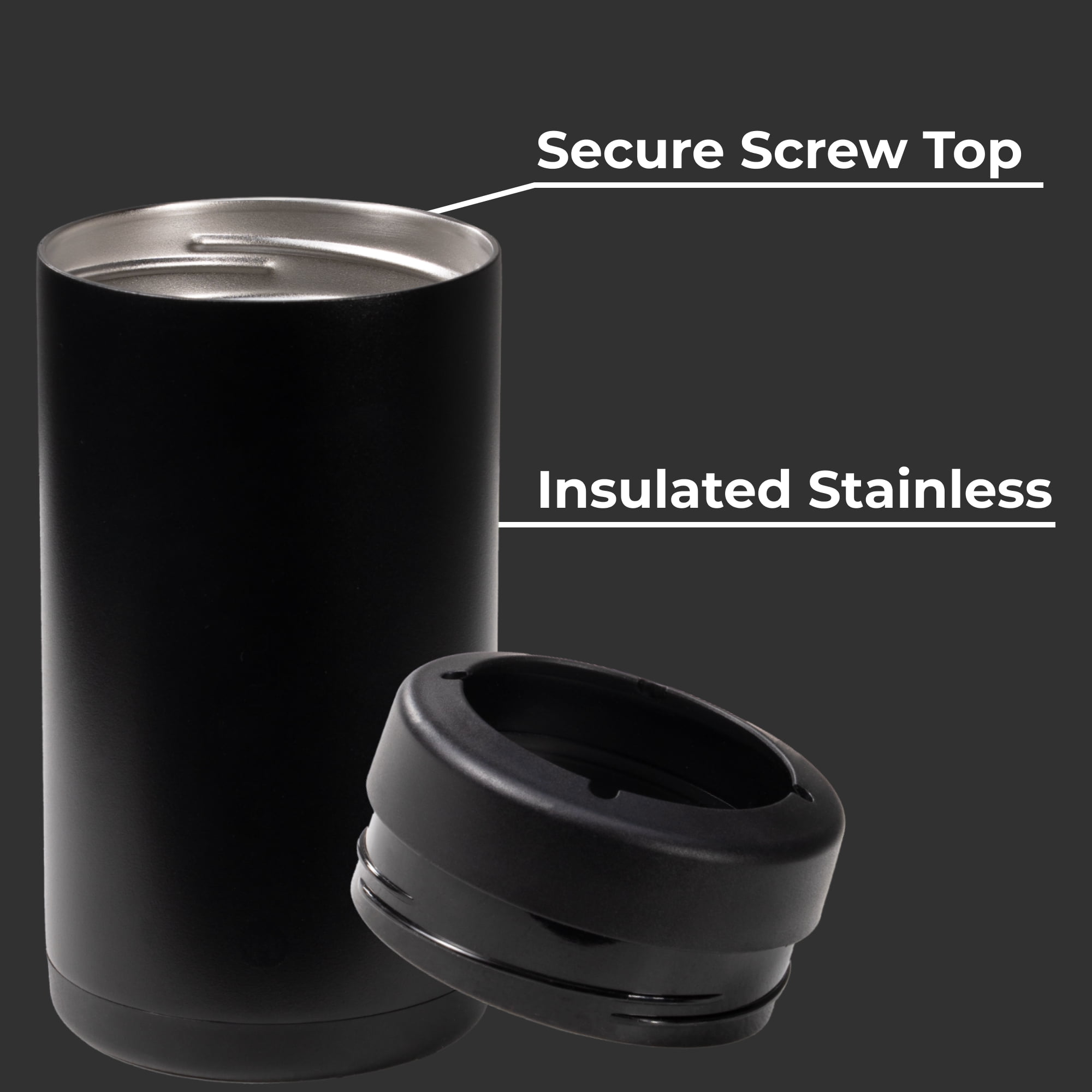 HydroJug Can Cooler - Standard 2-in-1 Insulated Can Cooler Cup 16oz - Stainless Steel, Non-Slip Rubber Base, Screw-Top Lid - Black