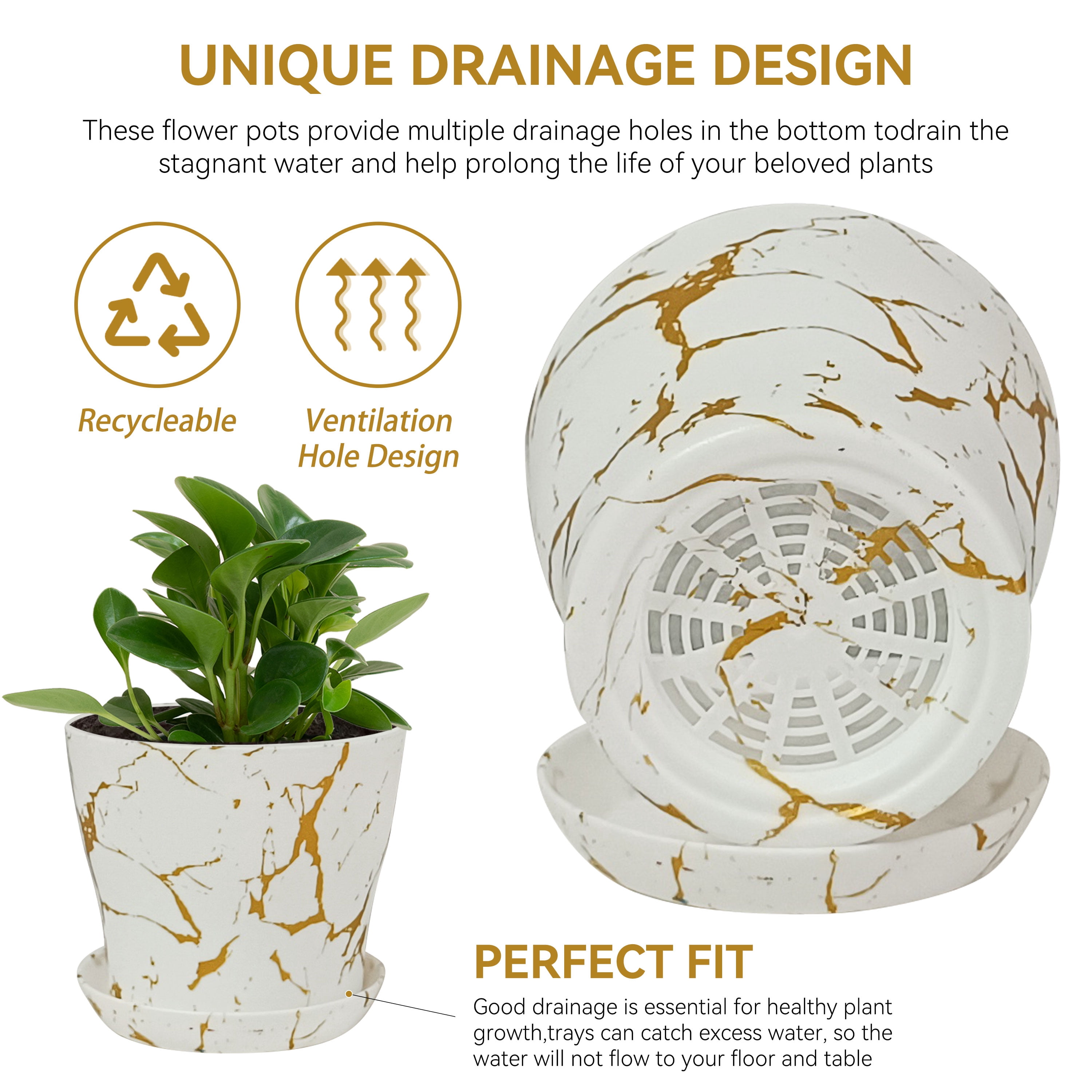 Set of 4 Plastic Printed Planters with Drainage Holes and Saucers,Diam 4.7Inch Home Decor Flower Pots for Indoor Planter - Plastic Planters Pot for Indoor Plants, Cactus, Succulents
