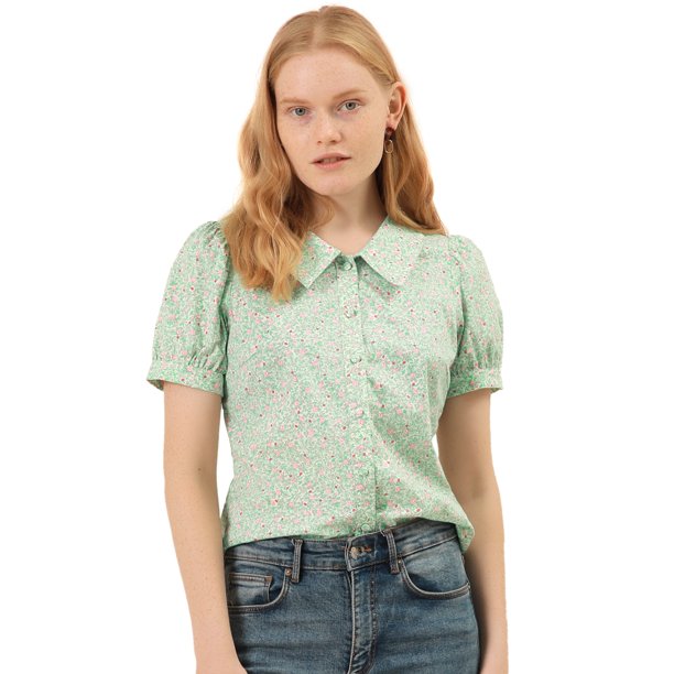 Blusa de manga abullonada floral con cuello en punta de camisa abotonada para mujer Verde M